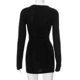 2025 Solid Color Pullover Thin Long-Sleeved Pleated Wrap Dress Skinny Mini Sexy Women Dresses