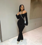 C1393 Sexy knitted hole long sleeved backless hollow design winter women's long jumpsuit