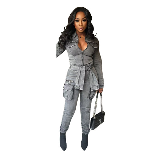 C0202 Winter hot selling stretch denim high-quality lace up women's wholesale jeans jumpsuit