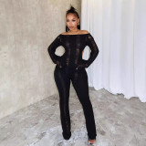 C1393 Sexy knitted hole long sleeved backless hollow design winter women's long jumpsuit