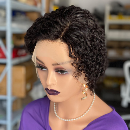Curly pixie cut lace frontal wig human hair Wig, real hair, full head cover