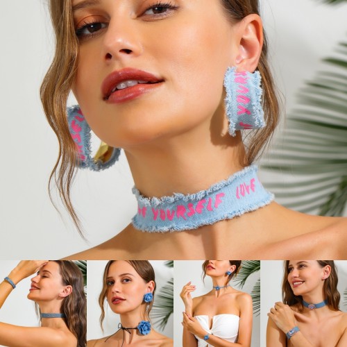 denim blue letter necklace set, light luxury high-end collar, fashionable strap, flower jewelry wholesale
