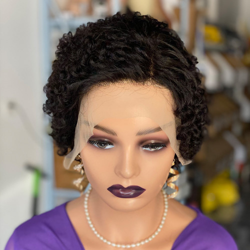Curly pixie cut lace frontal wig human hair Wig, real hair, full head cover