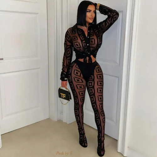 Sexy Mesh See Through Women 2 Piece Outfit Sets 2025 New Female Club Wear Clothing Long Sleeve Crop Top and Skiny Pants Suits