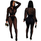 Sexy Mesh See Through Women 2 Piece Outfit Sets 2025 New Female Club Wear Clothing Long Sleeve Crop Top and Skiny Pants Suits
