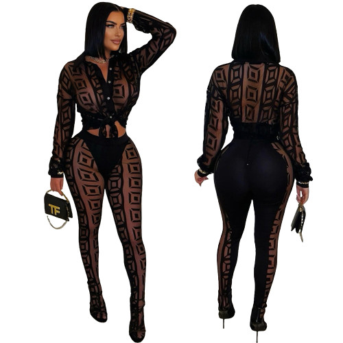 Sexy Mesh See Through Women 2 Piece Outfit Sets 2025 New Female Club Wear Clothing Long Sleeve Crop Top and Skiny Pants Suits