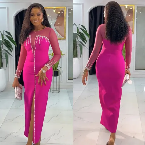 2025 Sexy Women Hot Rhinestones Mesh Splice Full Sleeve See through Split Long Dress Party Night Evening Prom Maxi Dresses
