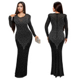 C7139 Cross-border express Amazon Europe and the United States fashion women's long-sleeved slim-fit bag arm hot diamond sexy dress