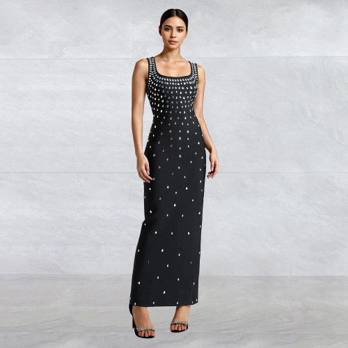 C7117 cross-border Express Amazon Europe and the United States fashion women's ironed diamond U-collar sleeveless hip sheath dress