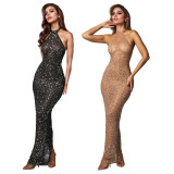 C7108 cross-border express Amazon Europe and the United States fashion women's hot drill slim sexy hanging neck dress long skirt