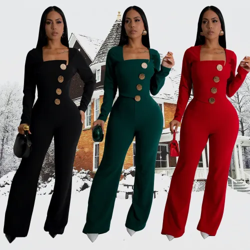 C7201 cross-border Express Amazon Europe and the United States fashion women's long sleeve bag arm pants slim solid color jumpsuit