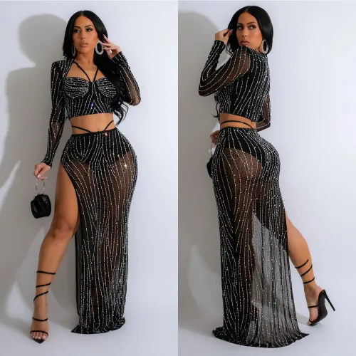 C6861 Cross-border Express Amazon Europe and the United States fashion women's solid color gauze hot drill long sleeve dress two-piece set