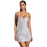 C7179 cross-border express Amazon Europe and the United States fashion women's sexy hanging neck hot drill slim-fit bag buttock dress