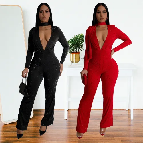 C7213 cross-border express Amazon Europe and the United States fashion women's sexy V-neck long sleeve hot drill package arm romper new