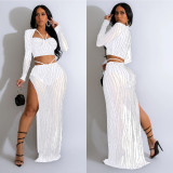 C6861 Cross-border Express Amazon Europe and the United States fashion women's solid color gauze hot drill long sleeve dress two-piece set