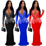 C7003 Cross-border Express Amazon independent station Europe and the United States fashion women's new ironing diamond long skirt dress V-neck