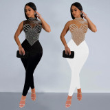C7168 cross-border express Amazon Europe and the United States fashion women's solid color gauze hot drill pants new jumpsuit