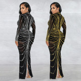 C7141 Cross-border Express Amazon Europe and the United States fashion women's sexy long sleeve after the slit hot drill dress new