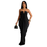C7135 Cross-border express Amazon European and American fashion women's solid color sexy slim-fit dress V-neck dress new