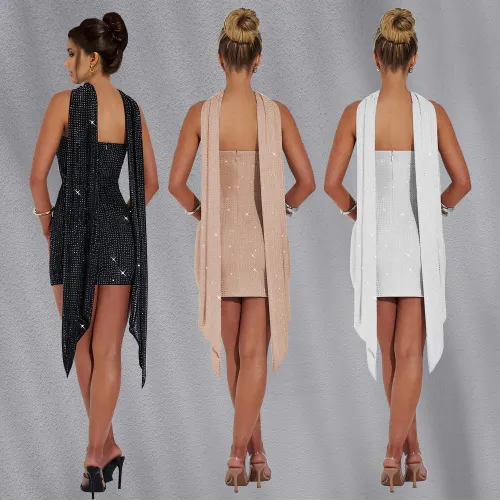 C7188 Cross border AliExpress Amazon European and American Fashion Women's Wear Sexy Slimming Ribbon Hot Diamond Dress Short Skirt