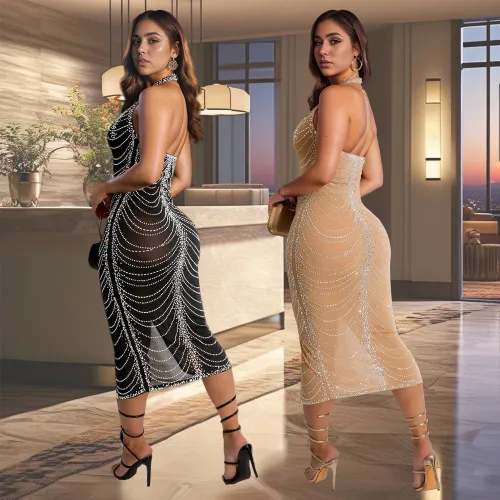 C7095 Cross-border express Amazon Europe and the United States fashion women's hot drill slim sexy bag buttock long skirt dress