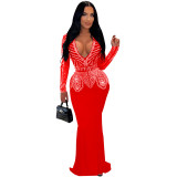 C7003 Cross-border Express Amazon independent station Europe and the United States fashion women's new ironing diamond long skirt dress V-neck