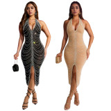 C7095 Cross-border express Amazon Europe and the United States fashion women's hot drill slim sexy bag buttock long skirt dress