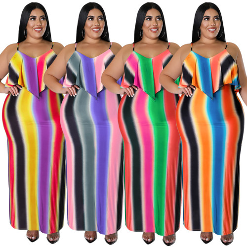 MY926 Cross-border Europe and the United States plus-size women's summer new intercolored printed halter sexy bag buttock dress