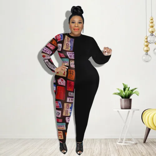MY720 cross-border large size women's fall new semi-printed jumpsuit Amazon new source manufacturers