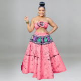 MY960 Amazon cross-border Europe and the United States plus size women's summer new national style printed skirt two-piece set
