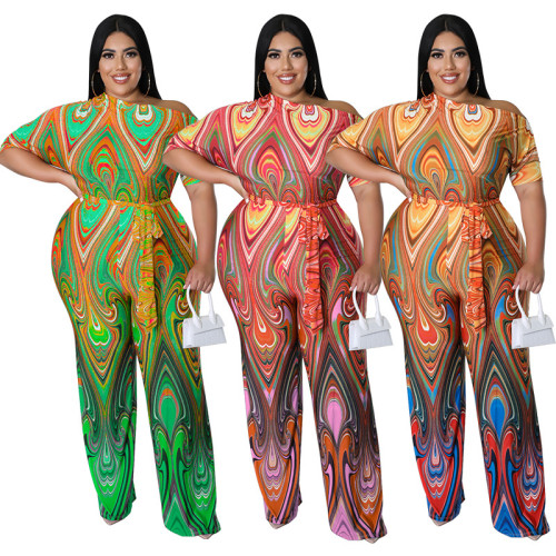 MY928 Amazon Europe and the United States plus size women's 2022 summer new oblique shoulder national style positioning printed jumpsuit
