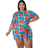 MY929 cross-border Europe and the United States plus size women's summer new oblique shoulder printed one-piece shorts belt Amazon