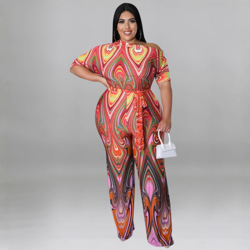 MY928 Amazon Europe and the United States plus size women's 2022 summer new oblique shoulder national style positioning printed jumpsuit