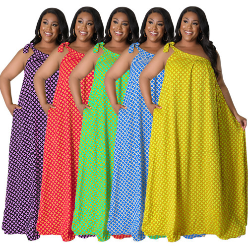 MY969 Amazon source Europe and the United States plus size women's dress 2022 summer new open diagonal shoulder big swing print multi-color jumpsuit