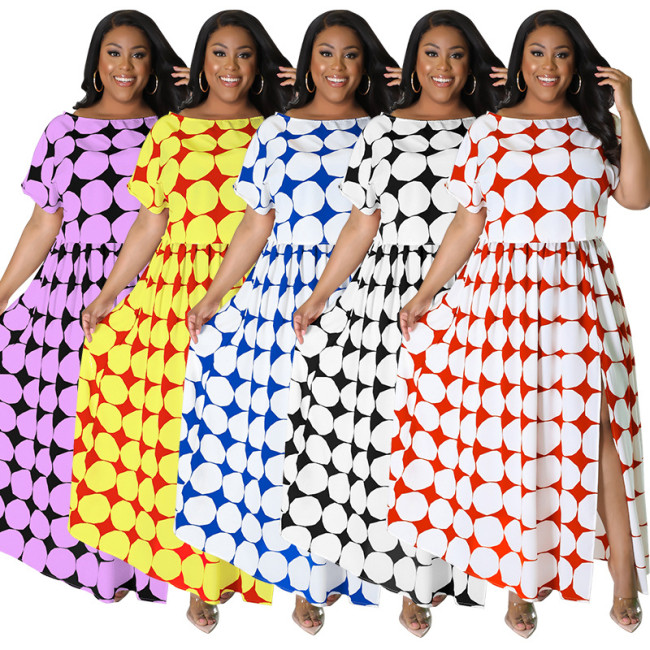 MY968 Amazon source Europe and the United States plus-size women's summer new split pleated print multi-color dress