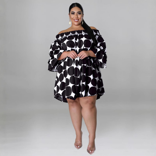 MY925 Europe and the United States cross-border plus-size women's short-sleeved one-line collar pull elastic printed polka dot dress new