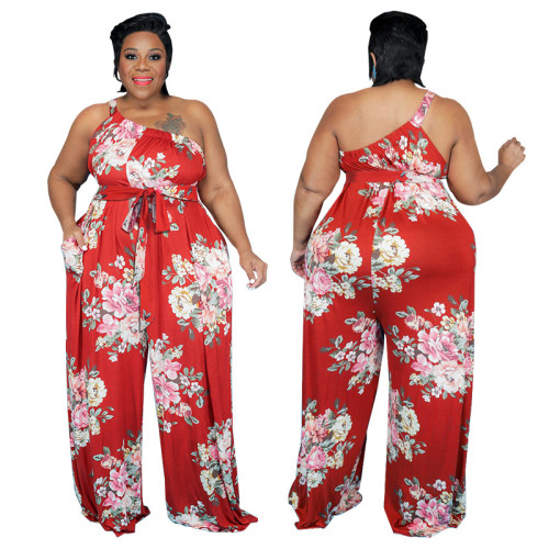 MY691 cross-border large size women's summer new big flower print casual jumpsuit Amazon new
