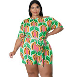 MY929 cross-border Europe and the United States plus size women's summer new oblique shoulder printed one-piece shorts belt Amazon