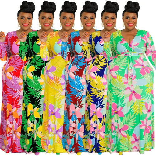 MY1025 Amazon Europe and the United States foreign trade large size women's fashion print sexy V-neck lace-up waist dress