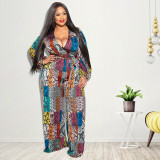MY858 cross-border large size women's autumn new printed V-neck long sleeve jumpsuit Amazon new products