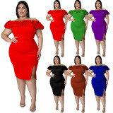 MY979 Europe and the United States fashion plus size women's dress 2022 summer new sexy lotus pile collar bag hip dress dress