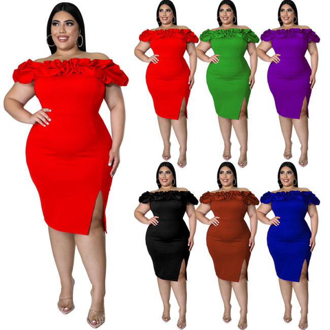 MY979 Europe and the United States fashion plus size women's dress 2022 summer new sexy lotus pile collar bag hip dress dress