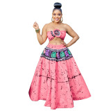 MY960 Amazon cross-border Europe and the United States plus size women's summer new national style printed skirt two-piece set