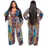 MY858 cross-border large size women's autumn new printed V-neck long sleeve jumpsuit Amazon new products