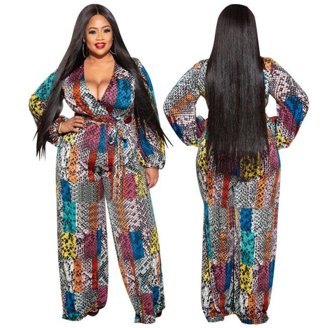 MY858 cross-border large size women's autumn new printed V-neck long sleeve jumpsuit Amazon new products
