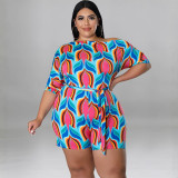 MY929 cross-border Europe and the United States plus size women's summer new oblique shoulder printed one-piece shorts belt Amazon
