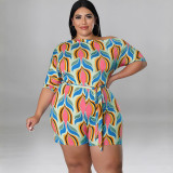 MY929 cross-border Europe and the United States plus size women's summer new oblique shoulder printed one-piece shorts belt Amazon