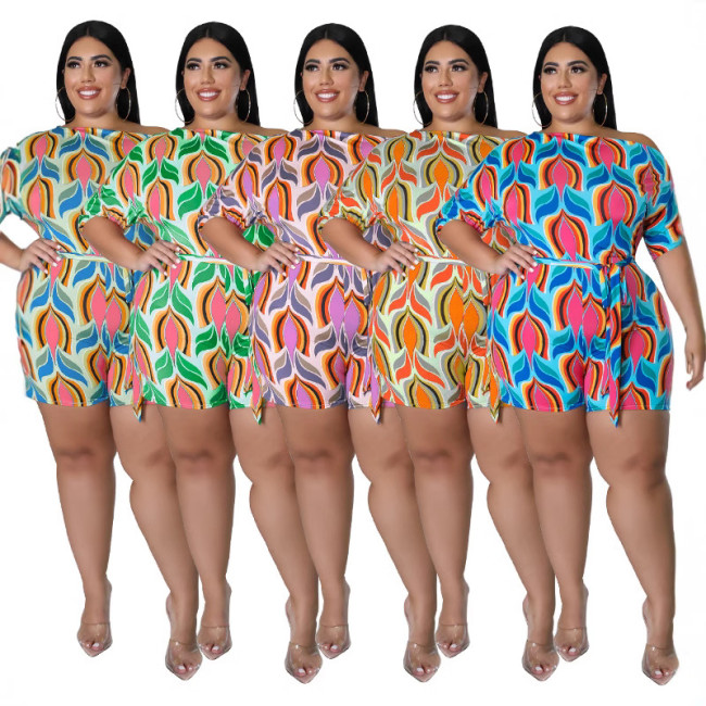 MY929 cross-border Europe and the United States plus size women's summer new oblique shoulder printed one-piece shorts belt Amazon