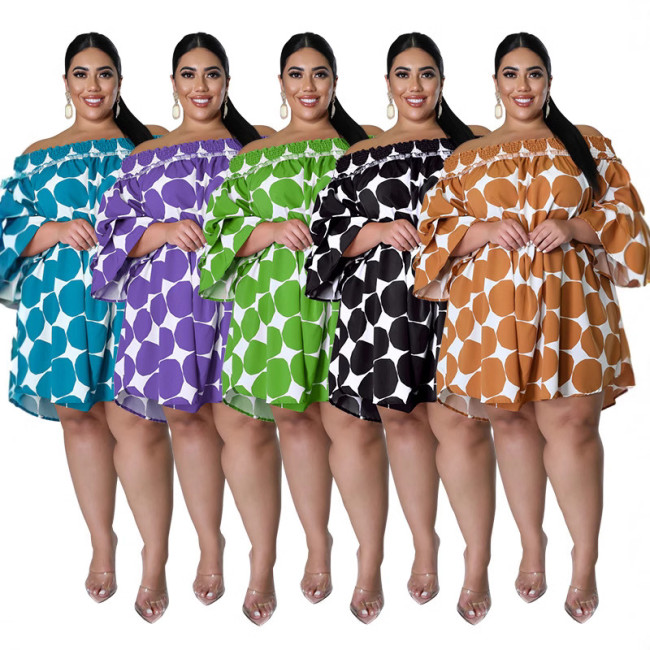 MY925 Europe and the United States cross-border plus-size women's short-sleeved one-line collar pull elastic printed polka dot dress new