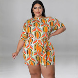 MY929 cross-border Europe and the United States plus size women's summer new oblique shoulder printed one-piece shorts belt Amazon